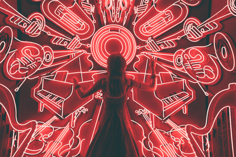 Neon - woman silhouette with musical instruments