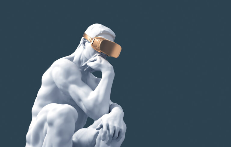 3D thinking man with VR headset